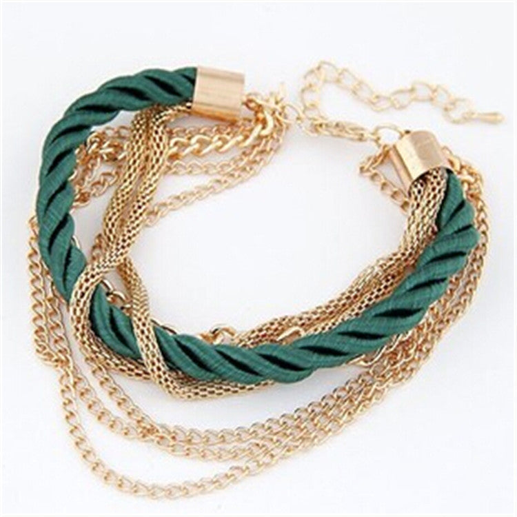 Woven rope with golden chains bracelet