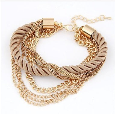 Woven rope with golden chains bracelet