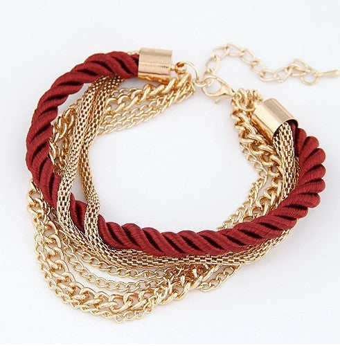 Woven rope with golden chains bracelet